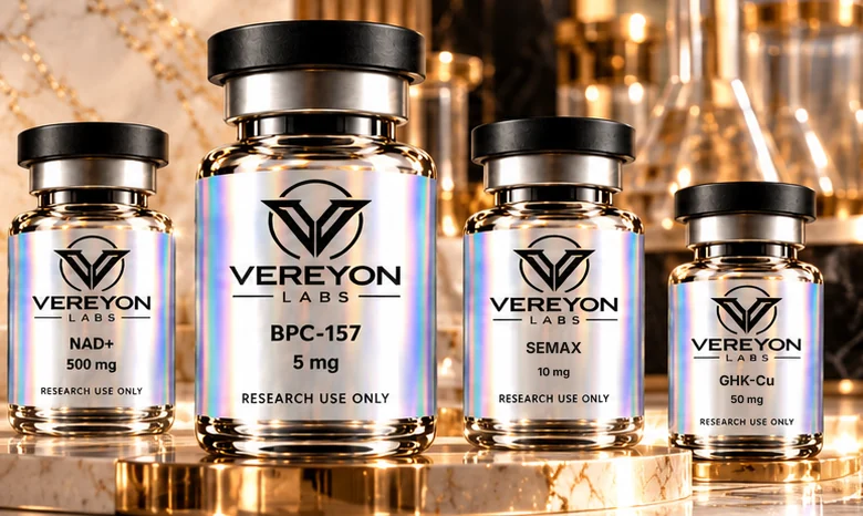 VEREYON LABS research vials on marble in a gold-lit laboratory: TB500 10 mg, NAD+ 500 mg, BPC-157 5 mg, Semax 10 mg and GHK-Cu 50 mg